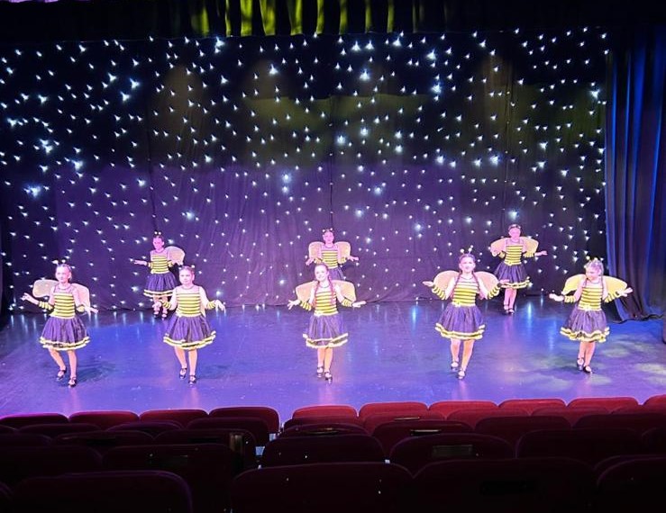 Young dancers in line performing tap choreography
